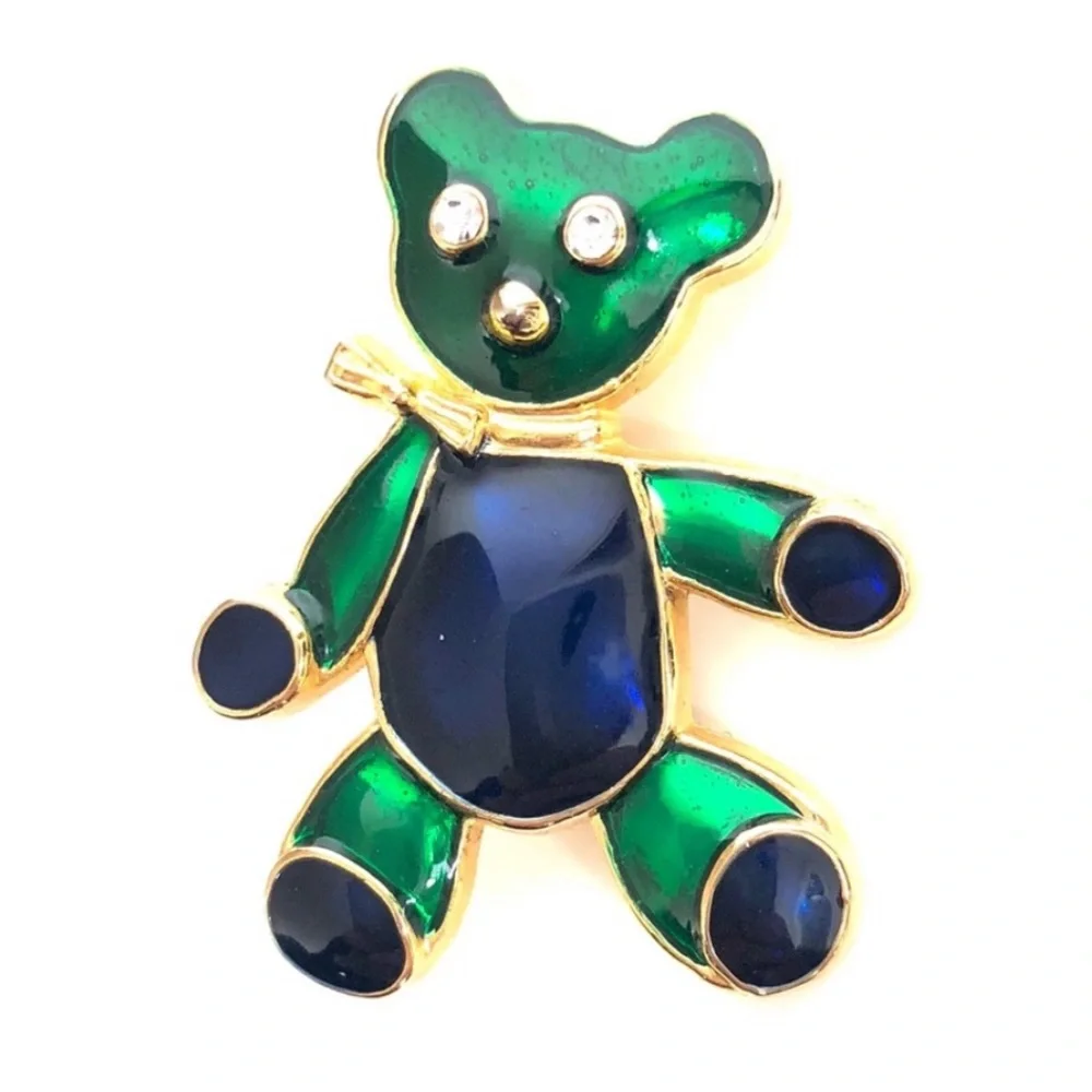 Vintage Teddy Bear Enamel Crystal Pin Brooch